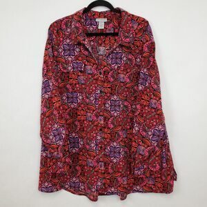 Catherines Top Womens 3X Button Front Abstract Medallion Long Sleeve Tunic